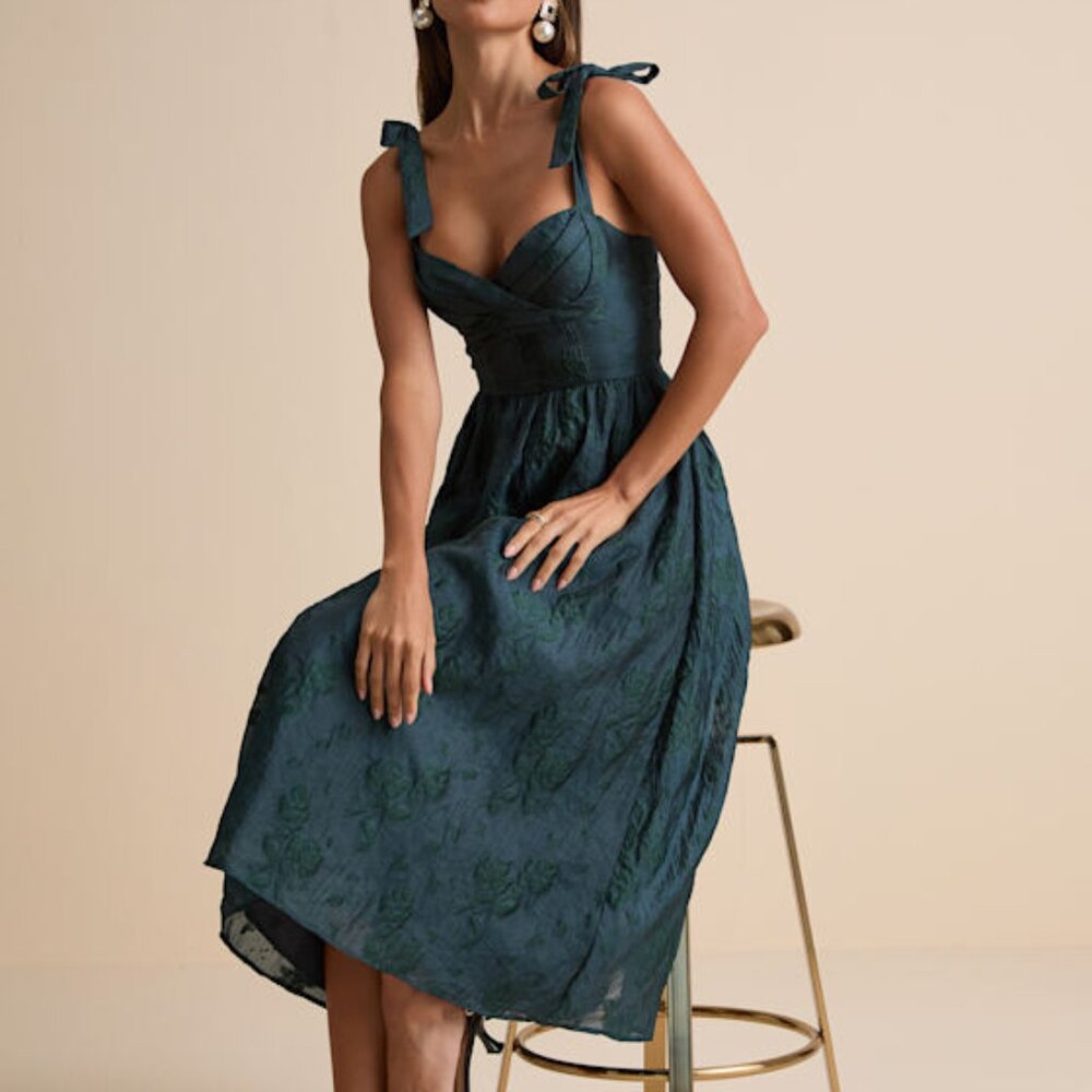 Lulus Loveliest Muse Dark Teal Burnout Floral Tie-strap Midi Dress Green